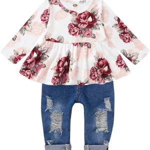 Caretoo girls' clothing, lovely baby girl flower long sleeve Pants Set, flower pleated top