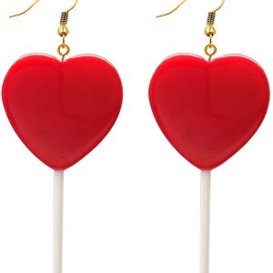 Cute Heart Lollipop Candy Color Simulation Food Dangle Earring for Women Girl Funny Jewelry-Red