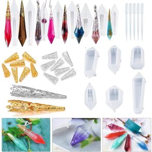 JuanYa Resin Pendulum Molds Set, 6Pcs Silicone Quartz Crystal Molds with 160 Pcs Metal Bead Caps, 5pcs Plastic Droppers, Epoxy UV Resin Mold