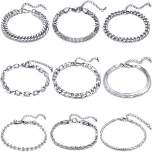 Stainless Steel Chain Bracelet Set for Women, Gold/Silver Fashion Stackable Cuban Link Adjustable Bracelet for Gifts