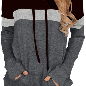 Pinkmstyle women's casual color blocking Hoodie Top Long Sleeve drawstring Pullover sweatshirt with pocket (S-XXL)