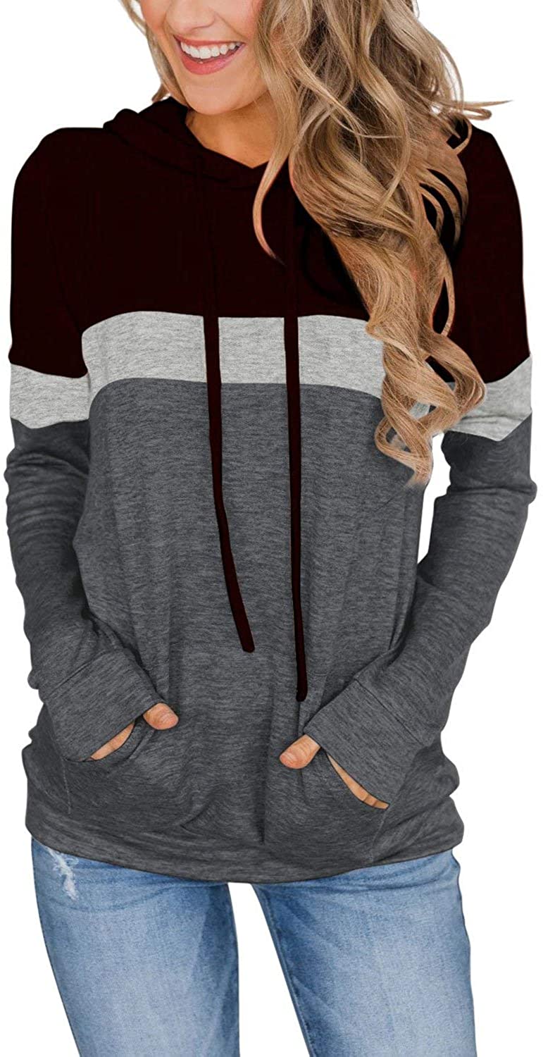 Pinkmstyle women's casual color blocking Hoodie Top Long Sleeve drawstring Pullover sweatshirt with pocket (S-XXL)