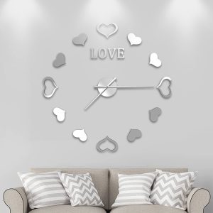 3D Wall Clock Kinglive,Frameless DIY Wall Clock Mirror Stickers Silver Clocks for Living Room Decor with Heart-Shaped