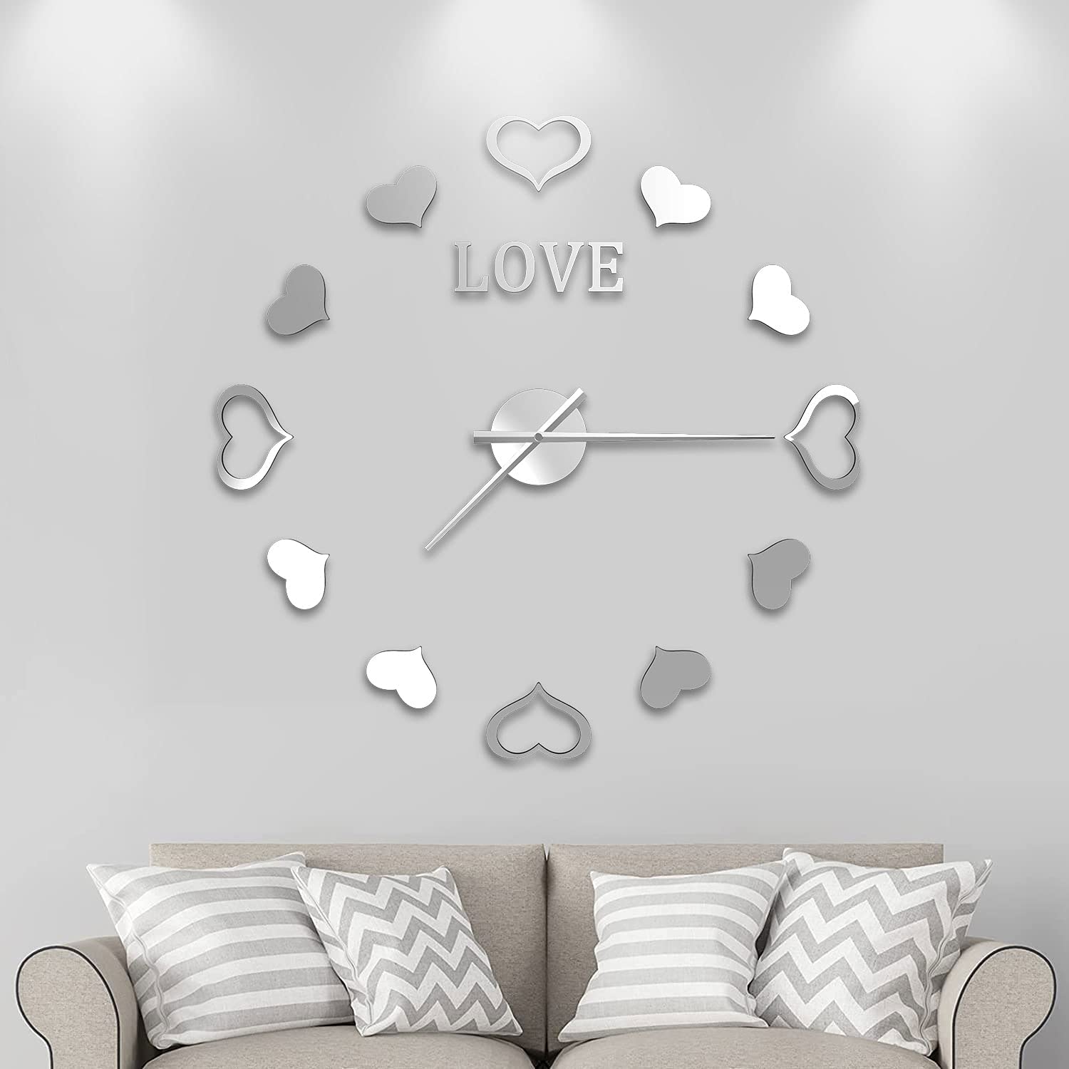 3D Wall Clock Kinglive,Frameless DIY Wall Clock Mirror Stickers Silver Clocks for Living Room Decor with Heart-Shaped