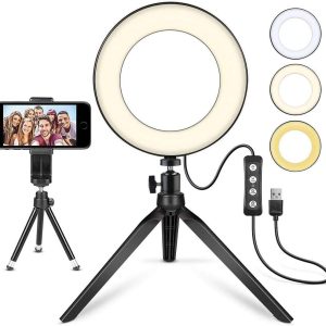 LED Ring Light 6" with Tripod Stand for YouTube Video and Makeup, Mini LED Camera Light with Cell Phone Holder Desktop LED Lamp with 3 Light