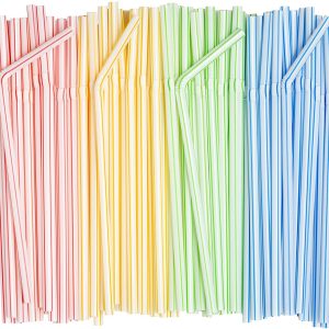 [200 Pack] Flexible Disposable Plastic Drinking Straws - 7.75" High - Assorted Colors Striped