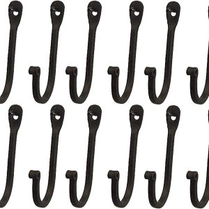 Single Prong Wrought Iron Hooks, Set of 12 - Rustic Curved Metal Fasteners - Decorative Colonial Wall Décor