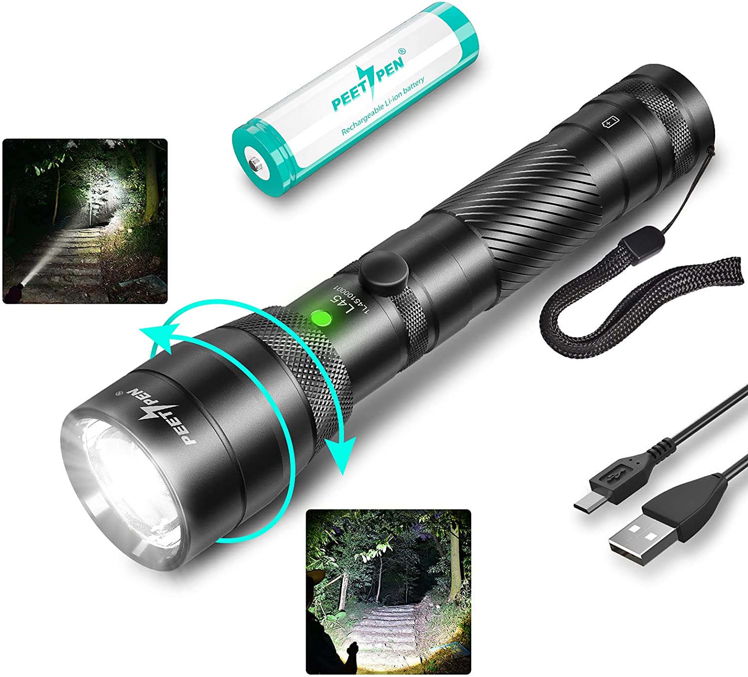 LED Flashlight High Lumens Rechargeable Zoomable Tactical Flashlights, Super Bright Handheld Flashlights. IPX6 Waterproof (18650 Battery Inc