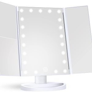 Makeup Mirror Vanity Mirror with Lights, 1x 2X 3X Magnification, Lighted Makeup Mirror, Touch Control, Trifold Makeup Mirror, Dual Power Sup