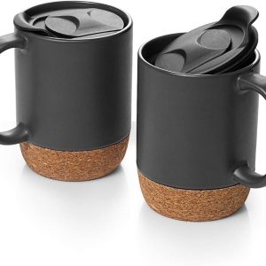 DOWAN 15 oz Coffee Mug Sets, Set of 2 Large Ceramic Mugs, with Insulated Cork and Splash Proof Mug Lid,Large Coffee Mug with Handle for Men,