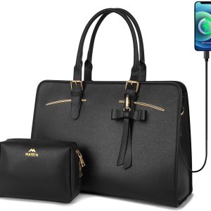 Laptop Bag for Women, Waterproof 15.6 inch Laptop Tote Bag with USB Charging Port, PU Leather Large Computer Briefcase Gift for Women Busine