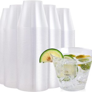 FOCUSLINE 100 Pack 9 oz Clear Plastic Cups, Disposable Cups Reusable Plastic Cups Tumblers, Heavy Duty Clear Hard Plastic Cups for Wedding,