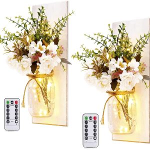 Rustic Wall Sconces Mason Jar Sconces Handmade Wall Art Hanging Design with Remote Control LED Fairy Lights and White Peony,Farmhouse Kitche