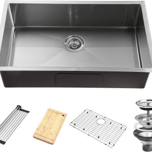 32-Inch Undermount Workstation Kitchen Sink, 16 Gauge Single Bowl Stainless Steel with Accessories (Pack of 5 Built-in Components), Silver