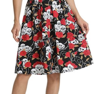 Tandisk women's Vintage A-line print pleated flare skirt with pockets