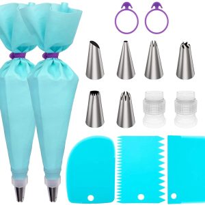Pipe bag and tip set, cake decoration products for baking, equipped with reusable pastry bag and tip, standard converter, silica gel ring, cake decoration tools, suitable for biscuit icing, cake and cupcake