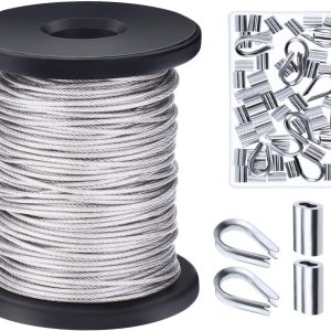 1/16 inch x 98 Feet Vinyl Coated 304 Stainless Steel Picture Hanging Wire Rope Cable with 50 Pieces Aluminum Crimping Sleeves and 10