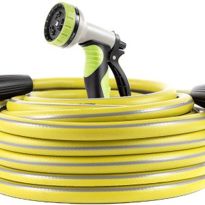 Garden Hose 100 ft Heavy Duty-Water Hose with 9 Way Spray Nozzle and Flexible 4 Layers Hybrid-3/4 Nickel Plated Brass Fittings-5/8