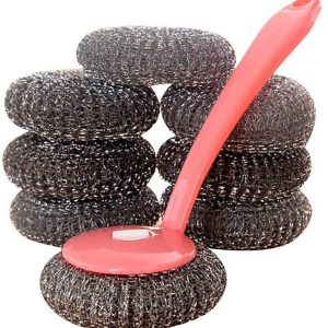 Kitchen Plastic Handle Cleaning Ball Brush, Stainless Steel Scrubber, Cleaning Dishes, Cutting Boards, pots, Sinks, etc, 8 Replacement Steel