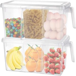 Yesland 2 Pack Plastic Storage Containers with Lids, 5 L Clear Food Storage Organizer Boxes with 6 Removable Bins/Stackable Refrigerator Org