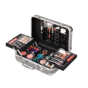 Carry All Trunk Train Case with Makeup and Reusable Black & White Aluminum Case (BLACK)