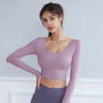 Yoga Clothes Female Autumn and Winter Square Collar Exposed Navel Thin Tight Long Sleeve Outdoor Sports Running Beautiful Back Fitness T-shirt High Elastic