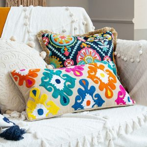 Ethnic Sofa Cover Decorative Pillows Covers  Flower Embroidered Boho Long Cushions 60*30 for Bedroom Sofa Chair Lumbar Pillow
