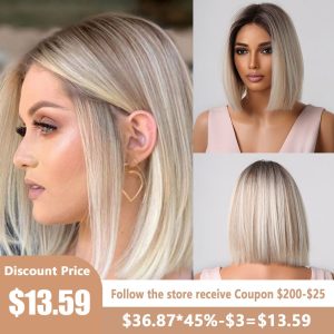 Ombre Brown Platinum Blonde Synthetic Wigs Short Straight Bob Wigs for Black Women Daily Natural Heat Resistant Hair Cosplay