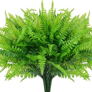 4pcs Artificial Fake Boston Fern Plastic Plants Bushes Artificial Ferns Plant for Outdoor UV Resistant (Green)