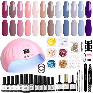 Modelones Gel Nail Polish Kit with U V Light 48W LED Nail Lamp 12 Colors Christmas Gifts for Women Natural Skin Tone Gel Nail Polish/Mirror