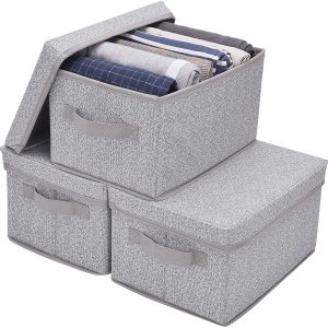 Storage Bins with Handles, Extra Large Storage Boxes for Clothes, Decorative Storage Bins with Lids, Gray, 3-Pack