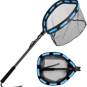 Floating Fishing Net Folding Landing Net with Telescopic Pole, Rubber Coated Mesh Net, Freshwater& Saltwater Easy Catch & Release for Bass,