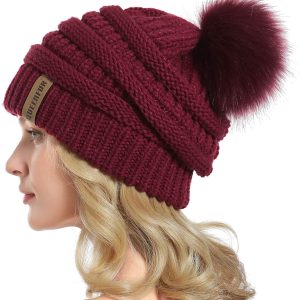 QUEENFUR Women Knit Slouchy Beanie Chunky Baggy Hat with Faux Fur Pompom Winter Soft Warm Ski Cap