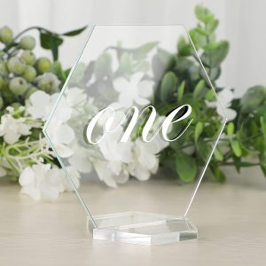 Clear??Acrylic??Place??Cards Hexagon??Seating??Cards Wedding Table Numbers With Holder Sublimation DIY Table Name Cards Plates For Wedding Recept