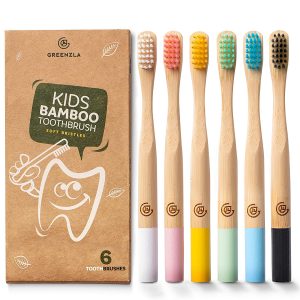 Greenzla children's bamboo toothbrush (6-Piece set) | BPA Free soft bristle toothbrush | environmental friendly natural bamboo toothbrush set | biodegradable, compostable and organic charcoal wood toothbrush