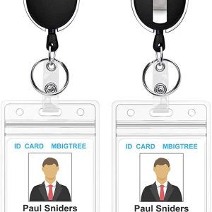 2 Pack Heavy Duty Retractable Badge Holders with Carabiner Reel Clip and Vertical Style Clear ID Card Holders, 24 inches Thick Pull Cord