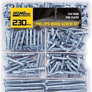 Hongway 230 piece wood screw set, Philips flat head screw combination set, galvanized steel, wood self tapping screw, dry wall (7 sizes)