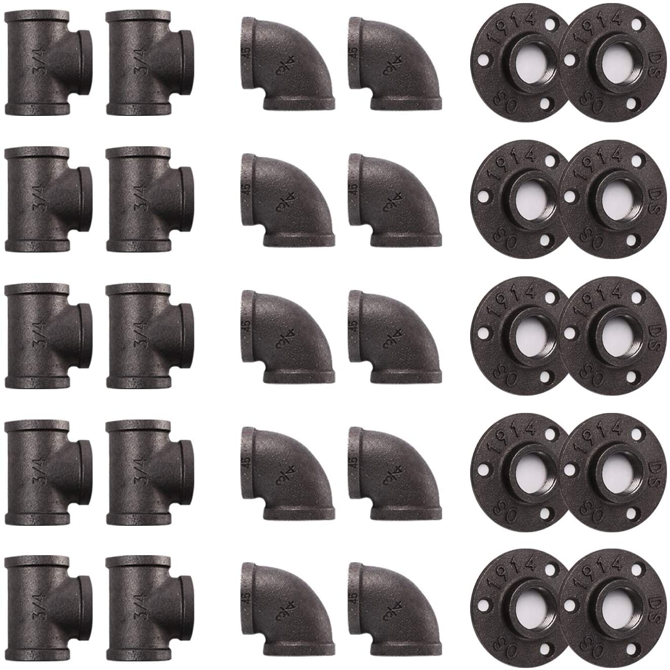 home-tzh-1-2-pipe-fitting-30-pack-1-2-gray-floor-flange-elbow-tee-combo-for-industrial-vintage-style-flanges-elbow-tee-with-threaded-hol