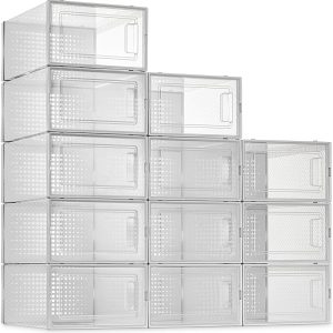 SESENO. 12 Pack Shoe Storage Boxes, Clear Plastic Stackable Shoe Organizer Bins, Drawer Type Front Opening Shoe Holder Containers