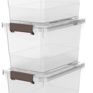 Clear Plastic Storage Latch Box/Bins, 3-Pack Storage Organizer Box with Brown Latching Handle and Lid, 10L/11 Quart