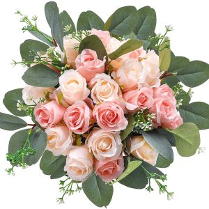AGEOMET 34pcs Artificial Rose Flowers, 24 Fake Flowers and 10 Artificial Eucalyptus Leaves Stems in Bulk Silk Flowers Bouquet, for Home Brid