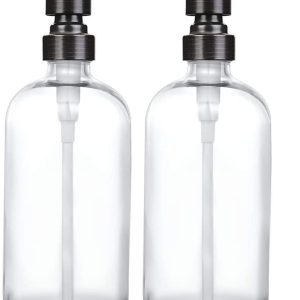 2 Pack Thick Clear Glass Pint Jar Soap Dispenser with Matte Black Stainless Steel Pump, 16ounce Clear Boston Round Bottles Dispenser with Ru
