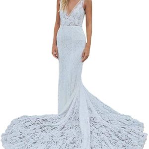 Bohemian Mermaid Wedding Dress Lace Bridal Dress Beach Garden Ivory Bridal Dress with pocket