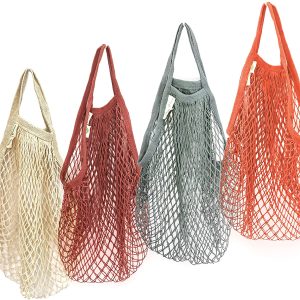 Organic Reusable Cotton Net Grocery Shopping Bag 4 Pack by Ekolojee +Gift! (made from Natural GOTS-Certified Organic Cotton String Mesh - Wa