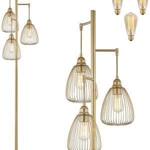 Floor Lamp, LeeZM Standing Farmhouse Lamp with 3 Teardrop Cage Head, Tall Vintage Industrial Pole Lighting with 3 Edison Bulbs, Rustic Torch
