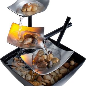 HoMedics Indoor 3-Tier Relaxation Tabletop Fountain, Automatic Pump with Power Switch, Extra Deep Basin with Natural River Rocks and Reflect