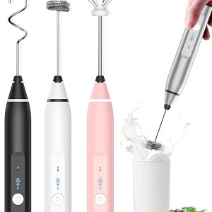 Rechargeable Handheld, Electric Whisk Coffee Frother Mixer with 3 Stainless whisks, 3-Speed Adjustable Foam Maker Blender for C