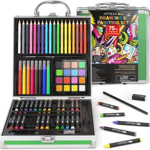 Arteza Kids Painting & Drawing Kit, 75-Piece Artist Bundle — 18 Mini Colored Pencils, 16 Watercolor Cakes, 14 Crayons & 14 Oil Pastels, Art
