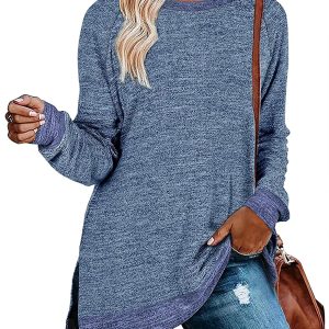 Bealatt Women's Color Block Sweatshirts Casual Long Sleeve Crewneck Pullover Side Split Sweaters Tunic Tops